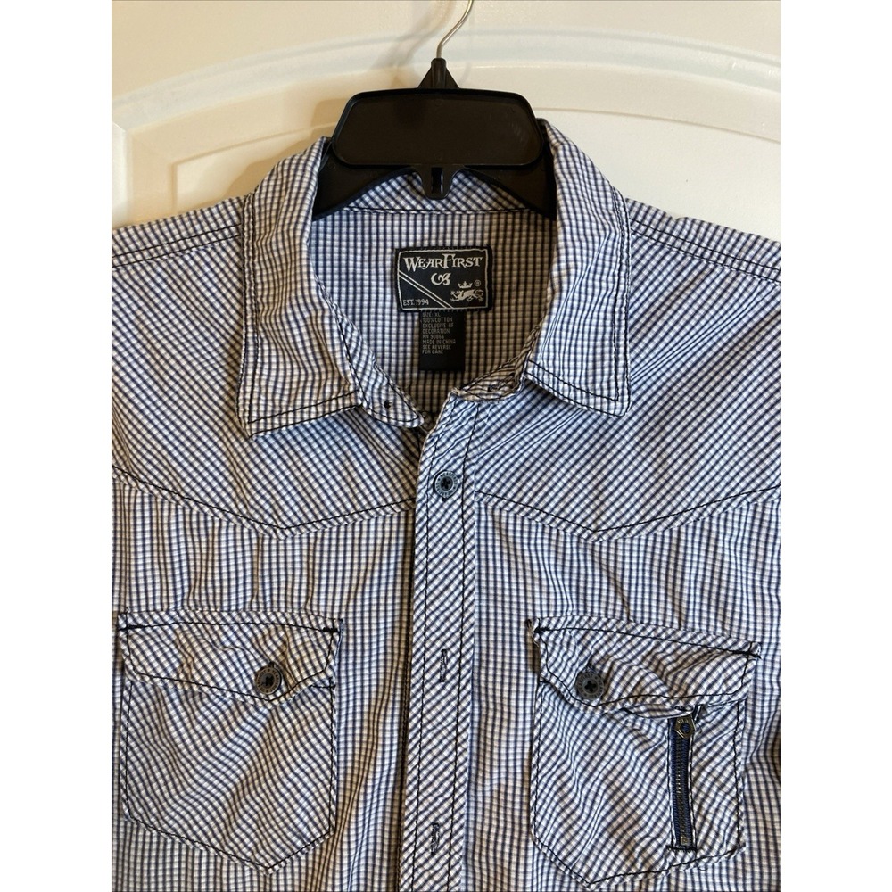 Wear First Mens Long Sleeve Button Down Blue Check Shirt XL  Western Riding